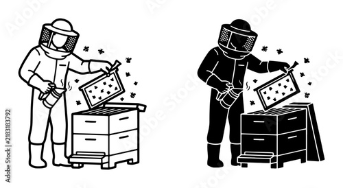 Beekeeper in Protective Suit Inspecting Honeycomb Frame, Apiary Scene Vector Icons, Black and White Illustration