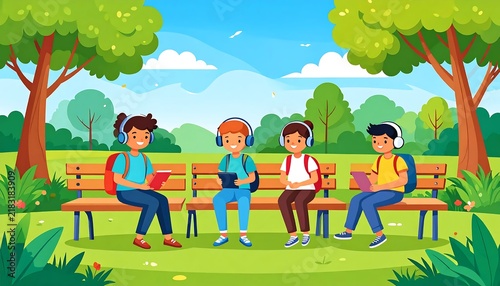 Children playing together in a sunny park on a swing set.