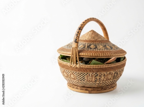 Woven Rattan Food Basket with Lid and Handle