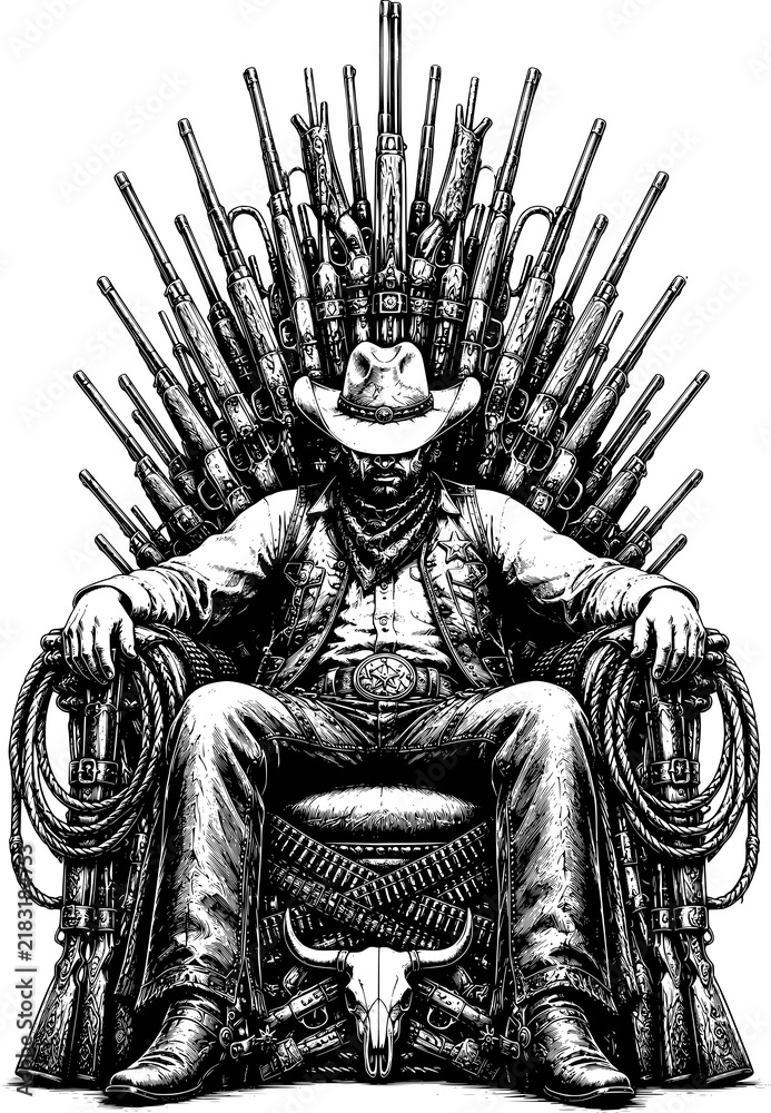Obraz premium Cowboy King Sitting on Throne of Rifles Vintage Black and White Western Illustration