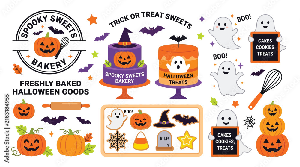 Fototapeta premium Spooky sweets bakery vector illustration set featuring cute halloween pumpkins ghosts and colorful holiday party treats