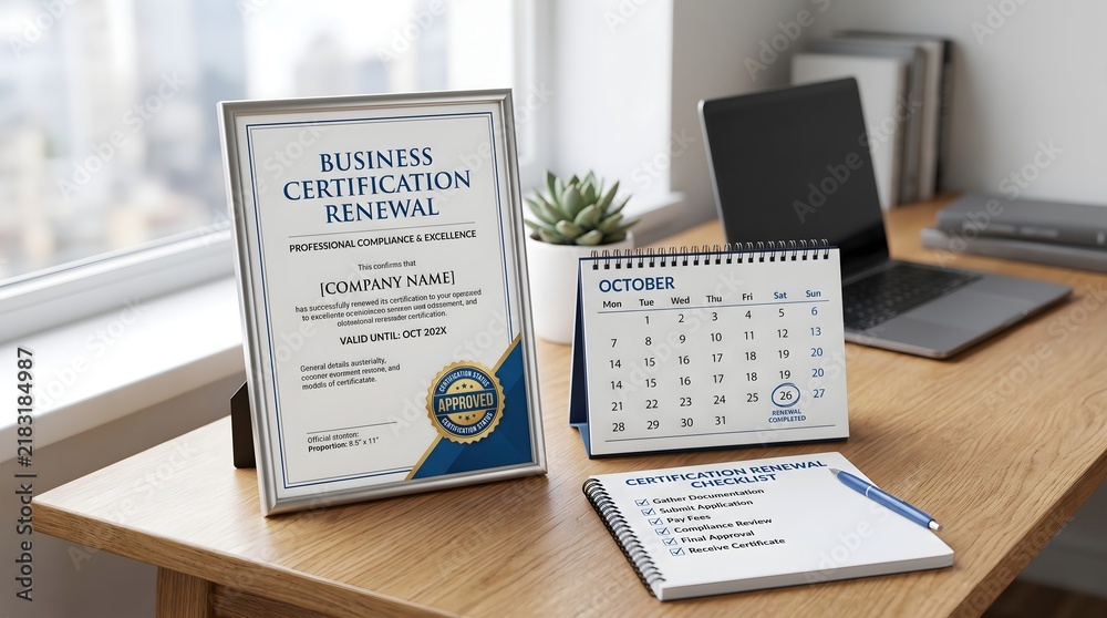 Obraz premium Business certification renewal document on office desk near calendar
