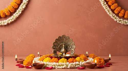 Diwali festival background with diya lamp, flowers, and decorations