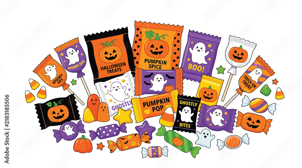 Fototapeta premium Halloween candy vector illustration featuring colorful trick or treat snacks with cute ghosts and pumpkins