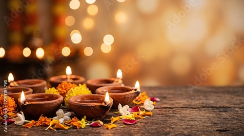 Diwali lamps, lit clay diyas with flowers on rustic wooden table background