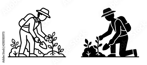 Gardening Icon Set: Planting Seedlings, Cultivating Plants, Outdoor Activity, Vector Graphics for Nature and Growth Themes
