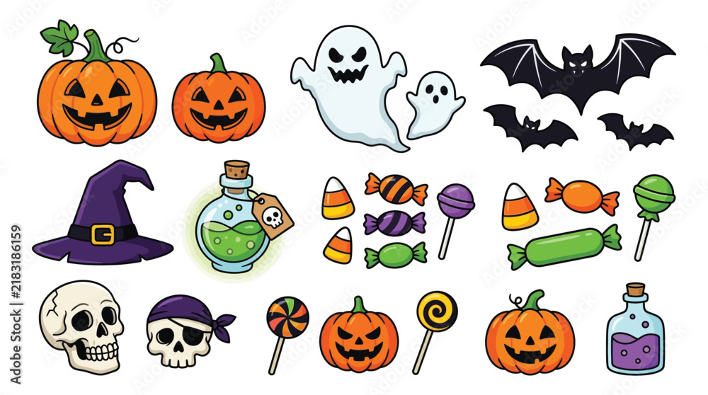 Obraz premium Colorful vector illustration collection featuring scary halloween elements like pumpkins ghosts bats skulls and candy treats