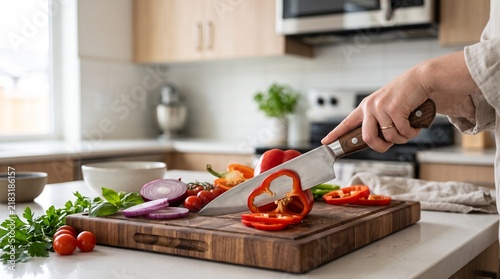 Hands slicing fresh strawberries on cutting board in kitchen.
