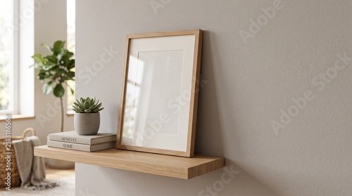 Modern minimalist living room with large mirror and plant.