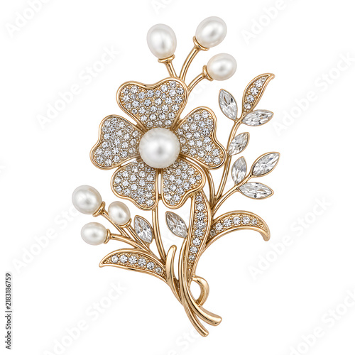 Elegant gold flower brooch decorated with pearls and sparkling diamonds isolated background.