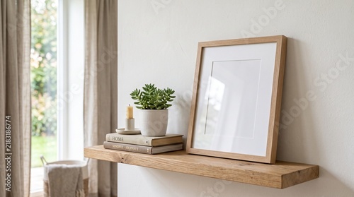 Modern wooden desk with laptop and potted plant in bright room.