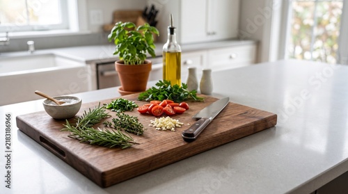Wooden tray with fresh herbs and lemon infused olive oil.