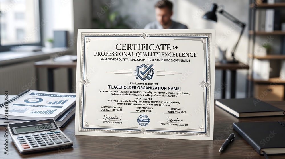 Obraz premium Professional certificate of quality excellence on a modern office desk