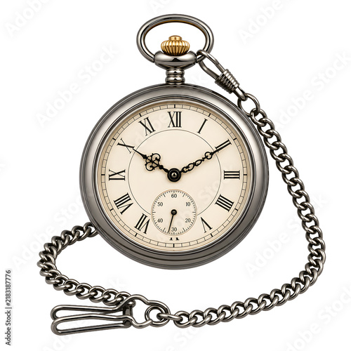 Classic vintage pocket watch with metal chain on an isolated background.