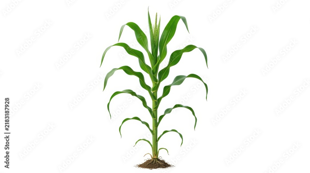 Fototapeta premium Single young green corn plant with roots showing the growth process isolated on a white background