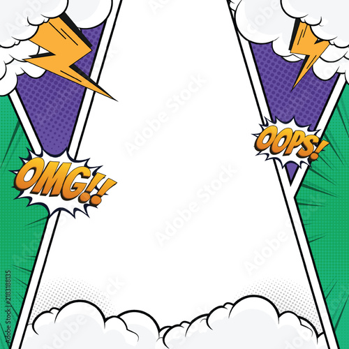 Blank Comic Book Frame Background with Lightning Bolts and Halftone Dots