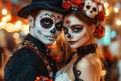 Day of the Dead couple in Halloween costumes