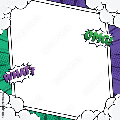 Retro pop art comic background template with halftone dots and blank copy space frame