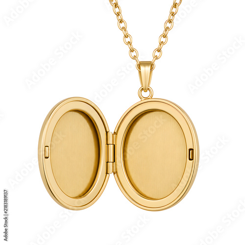 Elegant open gold oval locket necklace pendant on a chain isolated background.