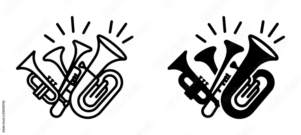 Fototapeta premium Brass Band Instruments Vector Icons, Trumpet and Tuba Set, Musical Performance Symbols, Celebration and Orchestra Graphics