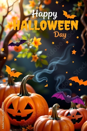 A Halloween themed setting with multiple jack o' lanterns, bats in flight, and a candy corn border