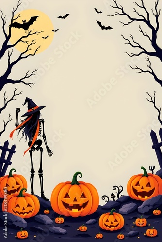 A Halloween scene featuring a skeleton standing amidst jack o' lanterns, with a full moon casting light over the festive setup.