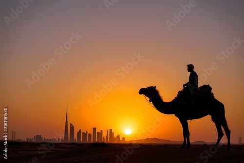 A tranquil desert sunset with a camel riding figure in silhouette beneath the city skyline.