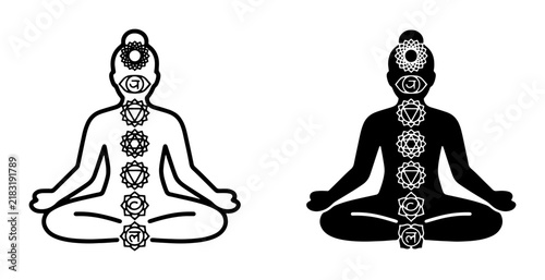 фотографія Chakra Meditation Icons, Yoga Pose Silhouettes, Energy Centers, Spiritual Balanc