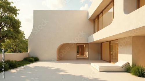 Modern Minimalist Home Exterior Patio Design with Sunlit Terrace and Lounge Chairs