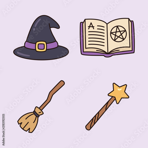 Halloween Witch Essentials Set with Pointed Hat Spellbook Broomstick and Magic Wand Isolated Objects