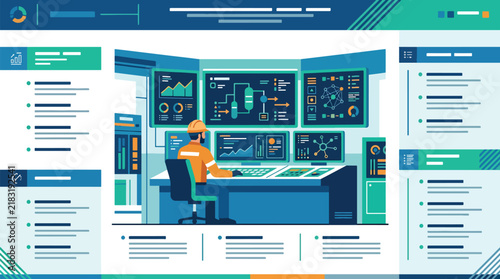 Mining and oil field operator monitoring industrial process data on control room dashboard screens