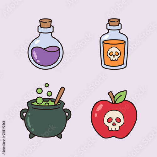 Halloween Potions and Poison Set with Cauldron Poison Bottle and Skull Apple Isolated Objects