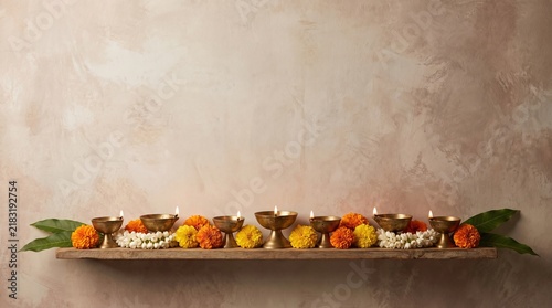Diwali festival background with lit oil lamps and marigold flowers on a wooden shelf