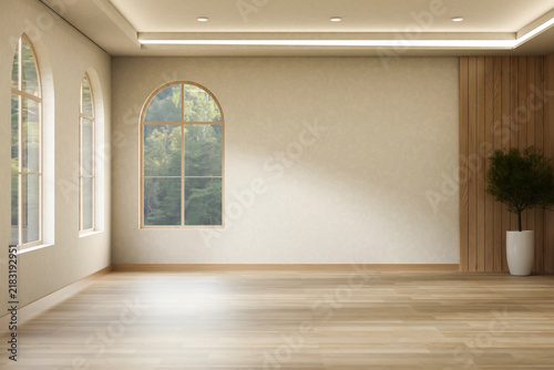 Obraz na płótnie Elegant minimalist room with arched windows and warm wooden floor under recessed ceiling light