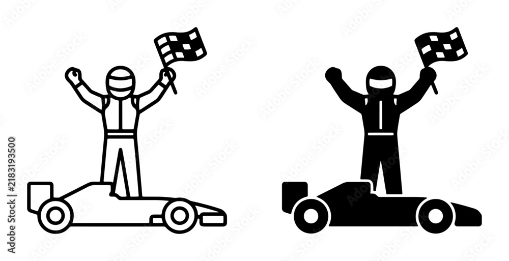 Obraz premium Racing Victory Icons: Champion Driver with Checkered Flag on Formula Car, Celebration Silhouette, Motorsport Achievement Graphics