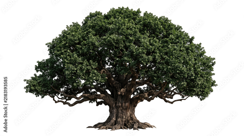 Obraz premium Large Green Oak Tree with Thick Trunk Full Canopy PNG Isolated on a transparent background