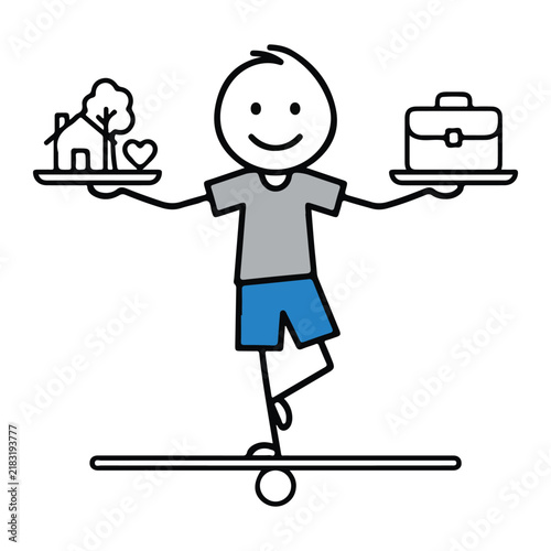 Stick figure character balancing home life and work career icons on a scale board over white background