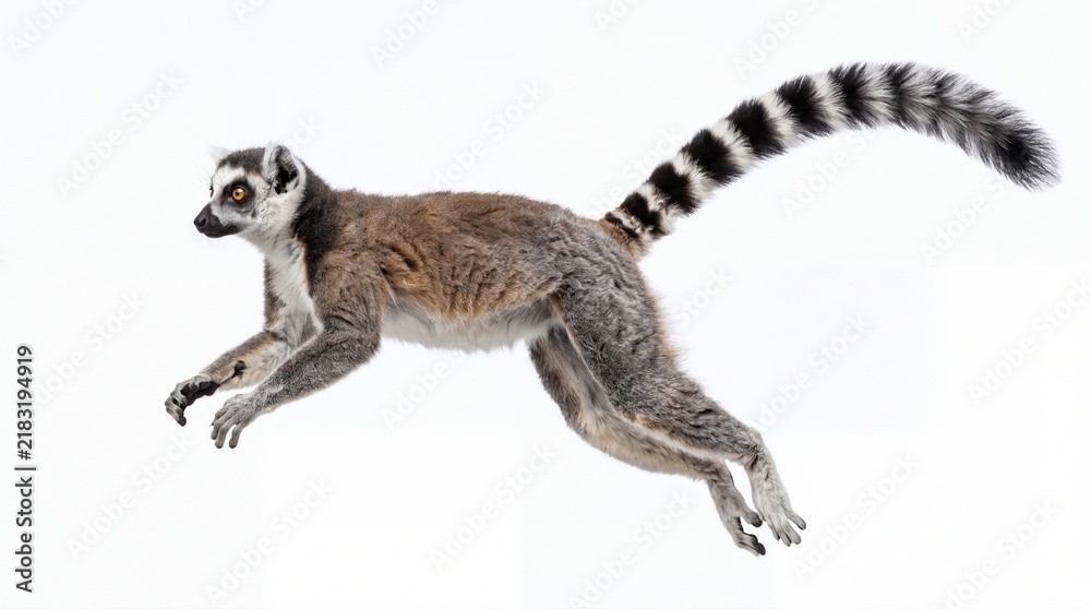Obraz premium Lemur in mid-air with striped tail, isolated on white background