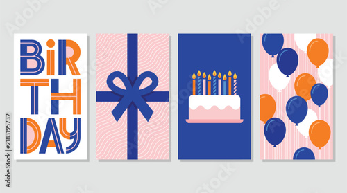 Принти на полотні Modern birthday card set with geometric illustrations, colorful celebration gree