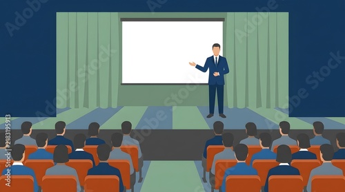 Business speaker presenting on stage with blank projection screen to audience in conference hall