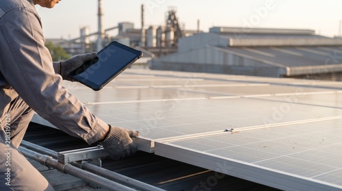 Technician installing solar panels on industrial roof holding digital tablet for inspection during sunset renewable energy project