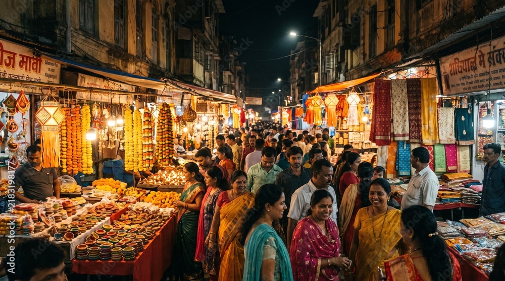 Obraz premium Crowded night market street scene in India with people shopping for traditional goods.