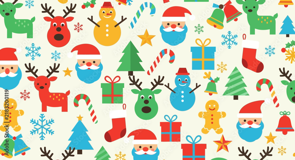 Fototapeta premium Charming festive flat vector illustration with colorful holiday elements, seasonal decorations, and creative graphic design for Christmas and New Year greeting card backgrounds.