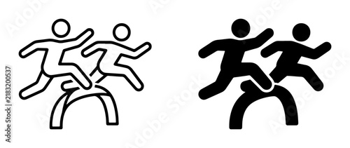 Teamwork Hurdles Icon Set, Two Figures Jumping Over Obstacle, Black and White Vector Graphics for Business and Sports Concepts