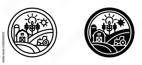 Farm Landscape Icons: Barn, Tractor, Crops, Sun, and Silo, representing agriculture, rural life, and harvest. Includes outline and solid black versions.