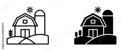 Farm Barn and Silo Icons, Rural Landscape Vector Graphics, Agricultural Building Symbols, Countryside Scene Illustrations