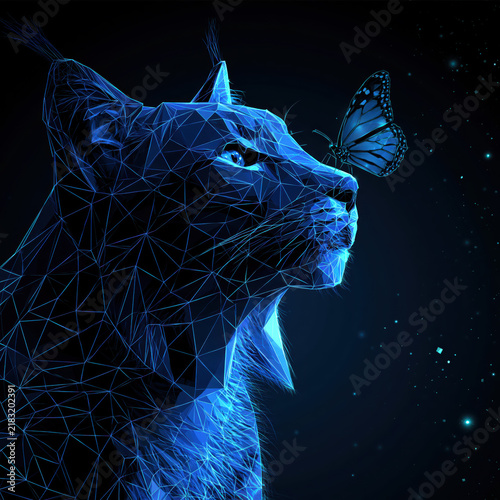 Lynx sees a butterfly on its nose in a digital wireframe design