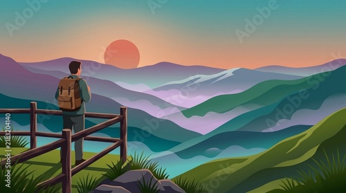 Mountain Adventure and Solo Travel, Backpacker Watching Layered Sunrise