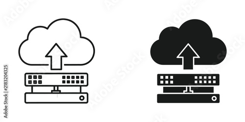 Fotografie Cloud server upload icon with upward arrow and data center rack in monochrome st