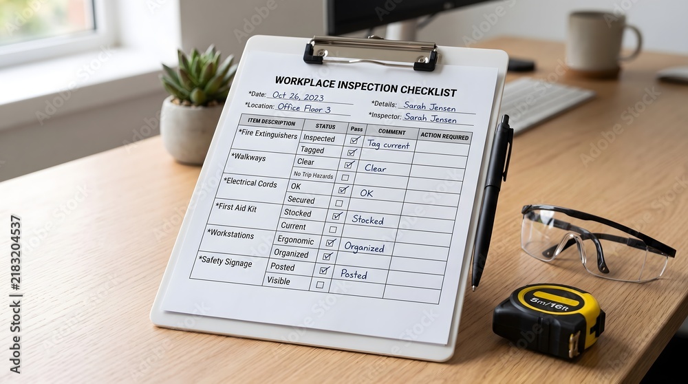 Obraz premium Workplace inspection checklist on clipboard with safety gear